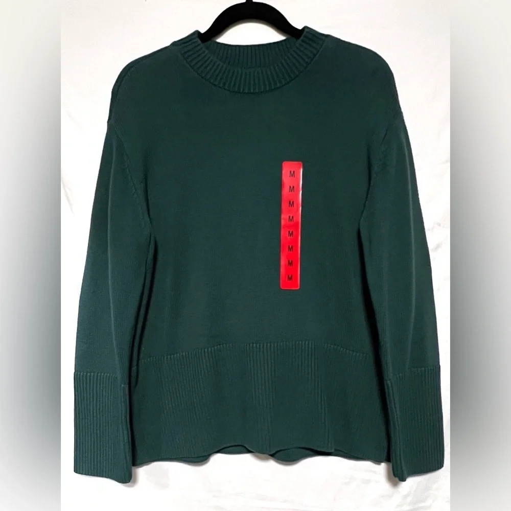 NWT GAP Deep Teal 100% Cotton Split Seam Crew Neck Knit Ribbed Sweater Cozy